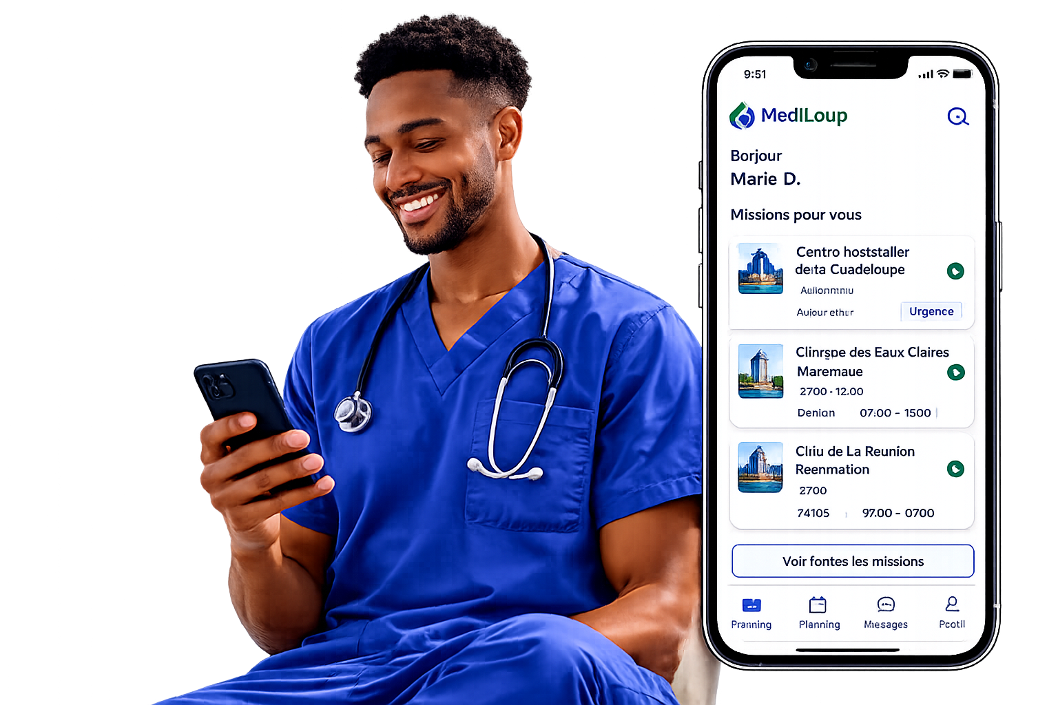 Soignant souriant en tenue bleue avec smartphone, application MediLoup visible à l'écran