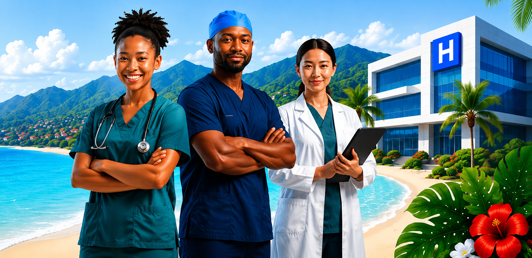 Équipe de professionnels de santé avec paysage tropical et hôpital